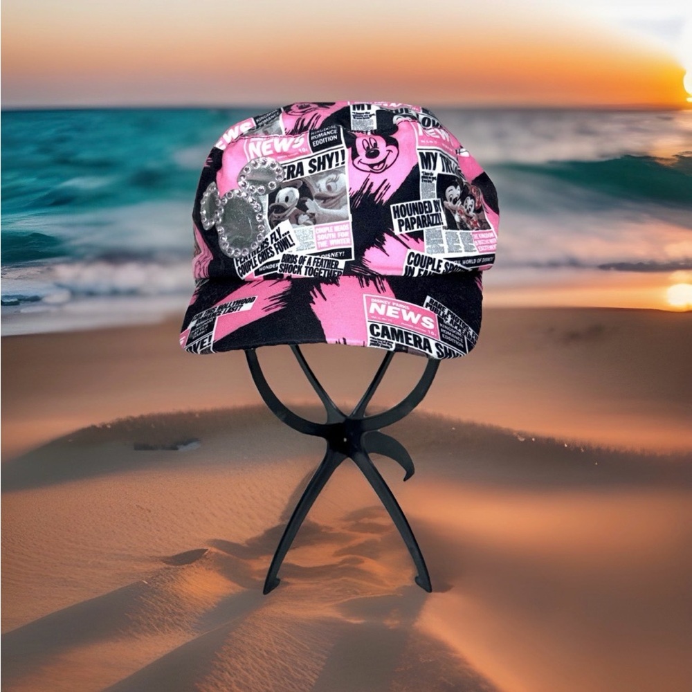 Disney Parks Mickey Minnie Mouse Newspaper Print Baseball Cap Adult Adjustable - Picture 1 of 14